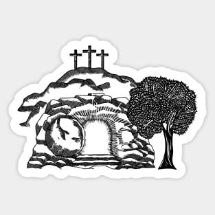 Three crosses on Calvary. Empty coffin after the resurrection of Jesus Christ. Sticker